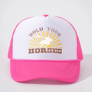 Pink and white adjustable foam mesh trucker hat with Hold Your Horses equestrian print