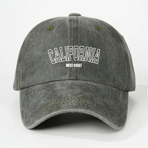 Detail of washed dark gray baseball cap with California West Coast embroidery
