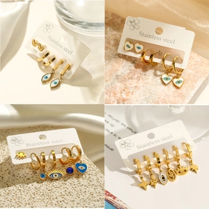 Titanium Steel Evil Eye Earrings Set For Women 18K Gold Plated Zirconia Enamel Heart Snake Star Dangle Hoop Earrings Fashion Jewelry
