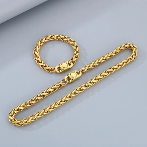 Golden 10mm woven basket chain necklace and bracelet set with interlocking links