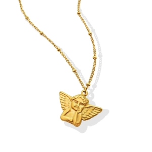 Minimalist 18k gold plated angel pendant necklace with beaded titanium steel chain