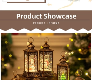 Close-up of bronze Christmas lantern with a snowman scene and falling snow effect