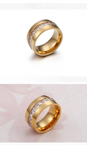 Detail view of 10mm gold stainless steel ring featuring channel-set square zircons