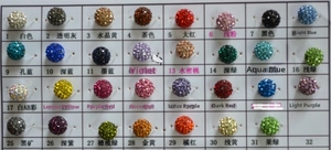Detailed color chart of 10mm shambhala clay beads with crystals in 32 vibrant options