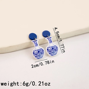 Detail shot of blue and white porcelain vase earrings showing exact size and weight metrics