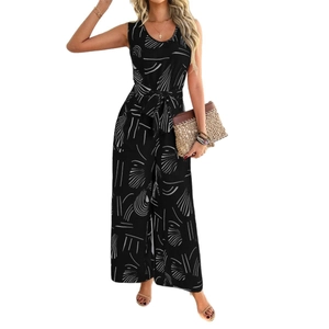 Women's sleeveless black high waist jumpsuit with white abstract print and wide leg cut