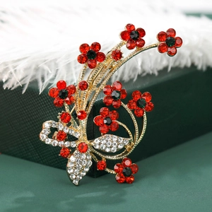 Elegant Christmas Flower Brooch Alloy Red White Rhinestone Jewelry Pin For Women Festive Accessory