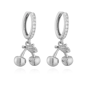 Detailed close-up of cherry drop earrings with sparkling pavé cubic zirconia