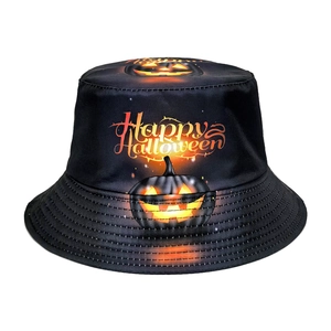 Halloween bucket hat in black with Jack-o'-lantern pumpkin and Happy Halloween print