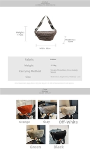 Detailed size chart and multi-color options for quilted nylon crossbody chest bag
