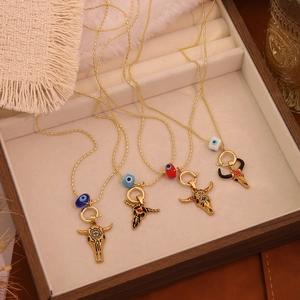 Vintage Bull Head Pendant Necklace With Evil Eye Bead 304 Stainless Steel Gold Plated Bohemian Ethnic Jewelry Women