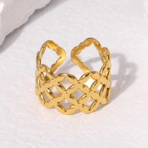 Detailed view of hollow geometric gold-plated stainless steel adjustable ring on stone