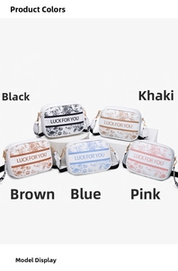 Five assorted retro floral print crossbody bags with logo stripes and adjustable straps