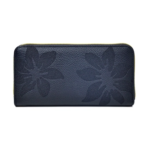 Deep blue long PU leather wallet with tropical leaf patterns and gold metal zipper