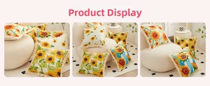 Detail of sunflower digital print on linen cushion cover with tassel fringe decor