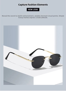 Macro detail of rimless oval sunglasses with gold metal frame and black temple tips