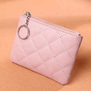 Mini portamonete rosa trapuntato in pelle PU con zip argentata e anello portachiavi grande