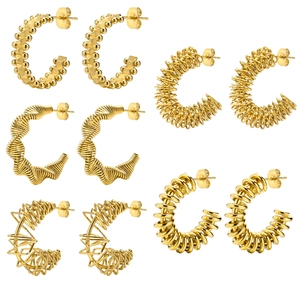 Five pairs of gold stainless steel twisted C-hoop earrings in various spiral designs