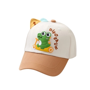 Kids dinosaur baseball cap in cream and camel with cute skateboarder cartoon and 3D ears