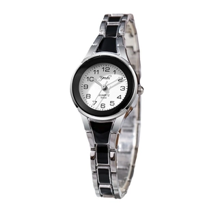 Women's quartz watch with silver metal link bracelet and classic white round dial