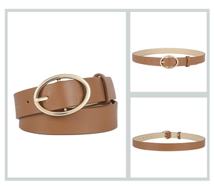 Detail view of brown leather belt with elegant golden oval buckle from multiple angles