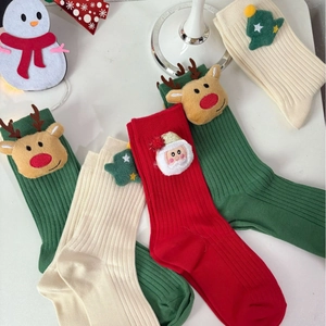 Christmas Socks Cotton Blend Ribbed Knit Mid Calf With 3D Plush Doll Santa Reindeer Tree For Holiday Festive Party
