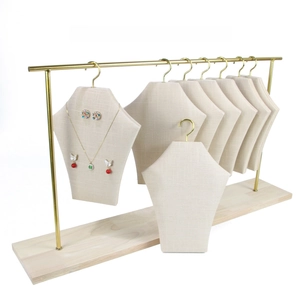 Jewelry Display Stand Metal Hanger With Wooden Base Linen Fabric Necklace Earring Organizer Desktop Rack