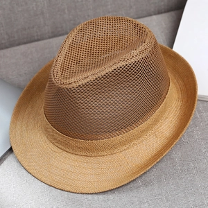Men's breathable brown straw fedora hat with mesh crown for sun protection and summer style