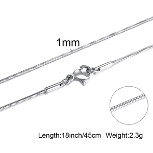 Detail of 1mm silver snake chain necklace with lobster clasp and dimension labels