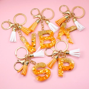 Resin Letter Keychain With Gold Foil Yellow Stone Orange White Tassels For Women Handbag Gold Metal Hook Keyring Gift