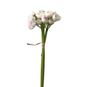 Pink and white gradient Ranunculus artificial flowers bouquet tied with twine on white background