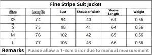 Size chart for pinstripe wool-blend blazer jacket with measurements in centimeters