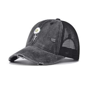 Daisy Embroidery Washed Cotton Trucker Hat Distressed Hole Baseball Cap Blessed Text Adjustable Mesh Peaked Cap Unisex
