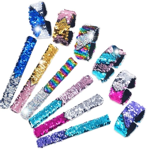 Set of 10 colorful mermaid flip sequin slap bracelets in various vibrant dual-tone colors