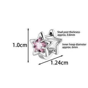 Silver star earrings with pink zircon stone and precise size measurements
