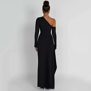 Elegant black one-shoulder long sleeve maxi dress with backless slit and waist pleats