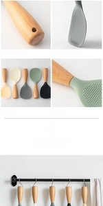 Detail of food grade silicone rice paddle with non-stick texture and wood handle