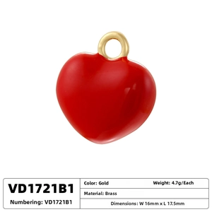 Detailed view of red heart pendant with brass material specs and product dimensions