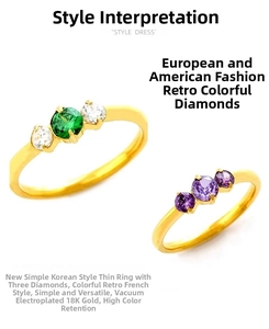Detail of 18K gold plated vintage rings with triple-set colorful zircon stones