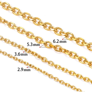 Detail showing four sizes of gold stainless steel curb chains: 2.9mm to 6.2mm for DIY jewelry