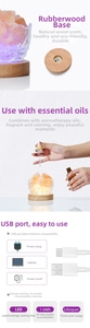 Detail of Himalayan salt lamp featuring solid rubber wood base and USB power connection