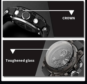 Detail view of toughened glass screen and non-slip crown on SANDA digital sports watch