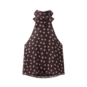 Braunes Polka-Dot Halter-Top aus leichtem Chiffon mit schickem Schleifendetail am Hals