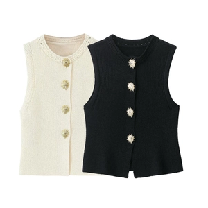 Gilet Sans Manches En Maille Pour Femmes Haut Avec Boutons Fleur Dorée Et Garniture En Dentelle Creuse Vintage Nervuré