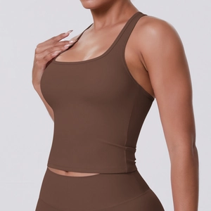 Brown racerback yoga tank top and high-waisted leggings set for women's fitness training