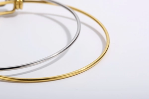 Detailopname van goud- en zilverkleurige roestvrijstalen armbanden met hartvormige bedel