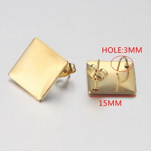 Detail of 15mm gold-plated square stud earring base with 3mm hole for DIY crafts