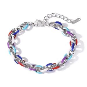 Detail of colorful enamel stainless steel Cuban chain bracelet with adjustable lobster clasp