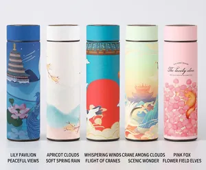 Detail of smart stainless steel thermos with LED display and artistic printed patterns