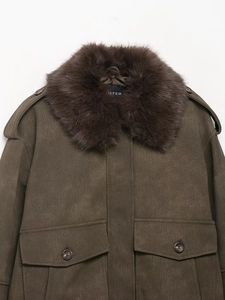 Detail of olive green faux leather jacket featuring a soft dark brown faux fur collar